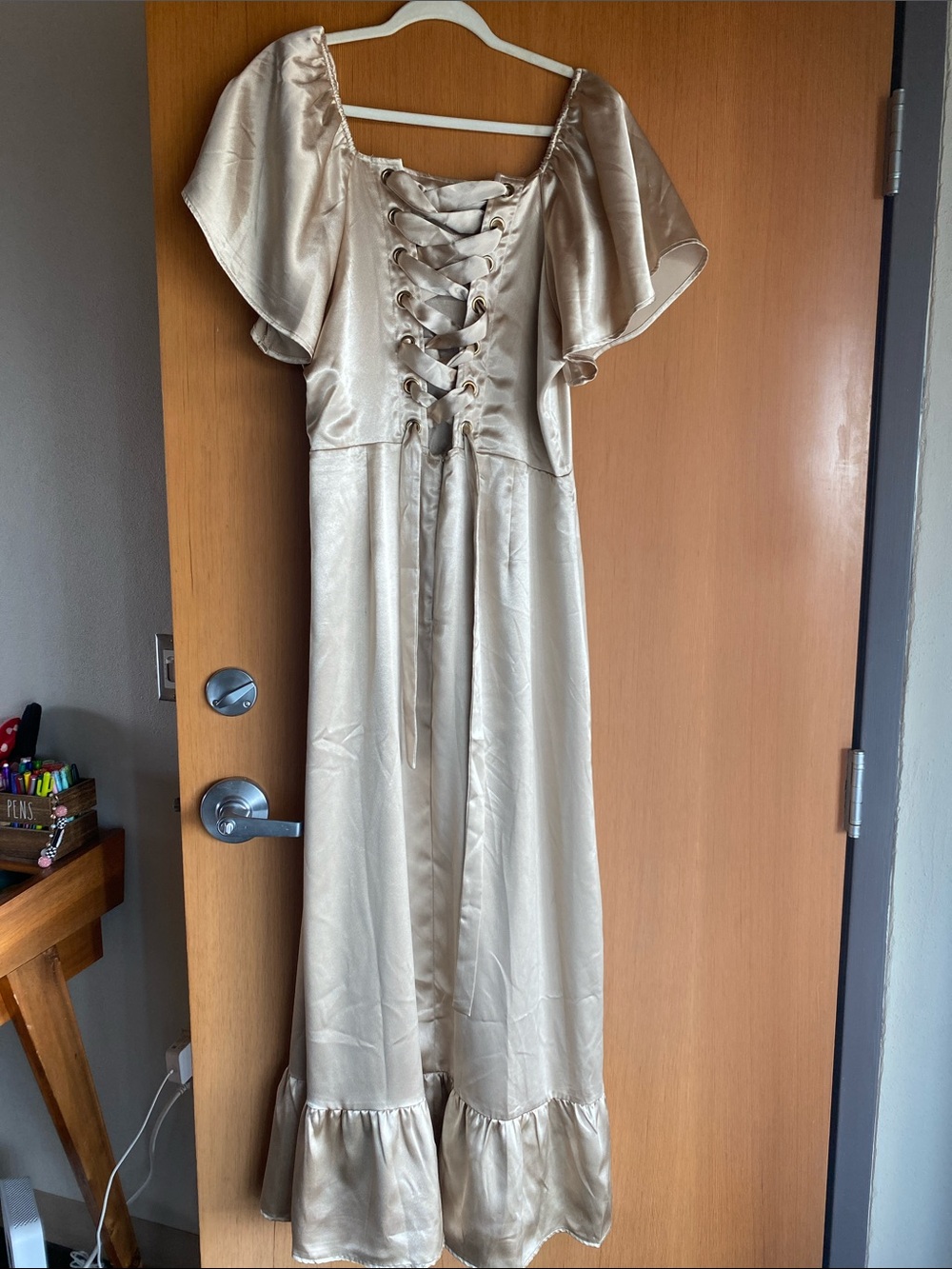 Ivy City Co Cream Satin Maxi Dress with Flutter Sleeves - Picture 3 of 4